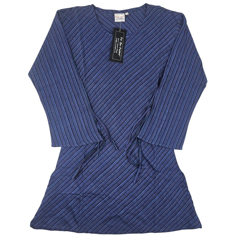 Far Out Fashion Blue Striped Tunic Top Medium 3/4 Sleeve Boho Side Tie NWT